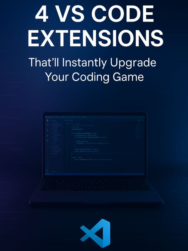 Dark modern developer workspace with glowing laptop showing VS Code, blue and purple lighting, and abstract digital background designed for story cover text