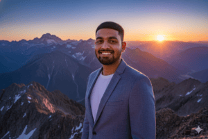 A man laughing at a mountain ridge