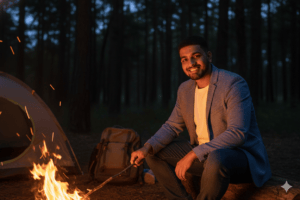 A man enjoying his campfire in the dark evening forest.
