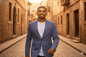 A man with smiling face walking out of a street at Golden hour.