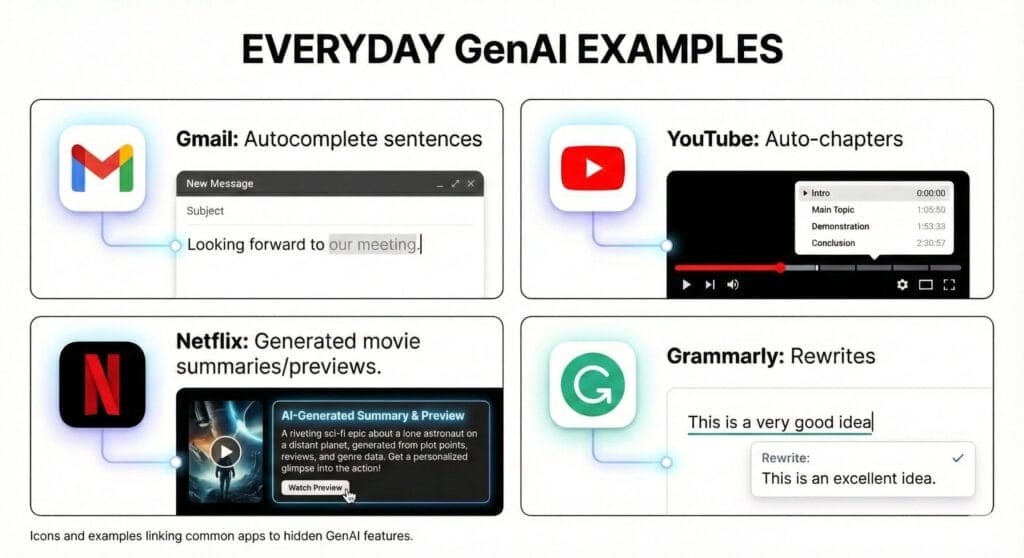 Grid of common apps with embedded Generative AI features: Gmail for drafting, Spotify's AI DJ, Grammarly for editing, and Zoom for meeting summaries.