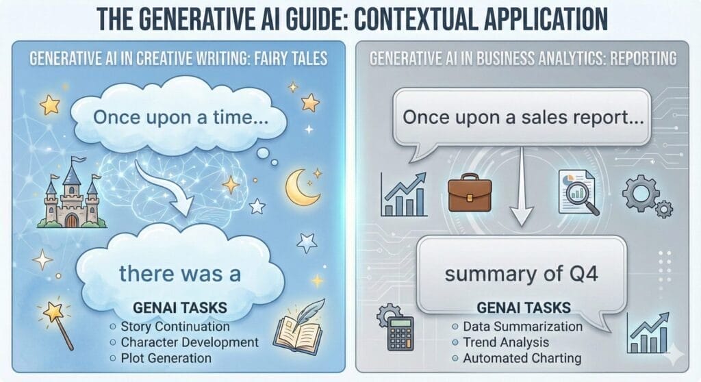 Side-by-side comparison showing how AI uses context to predict text. Example 1: 'Once upon a time' predicts a fairy tale. Example 2: 'Once upon a sales report' predicts business data.